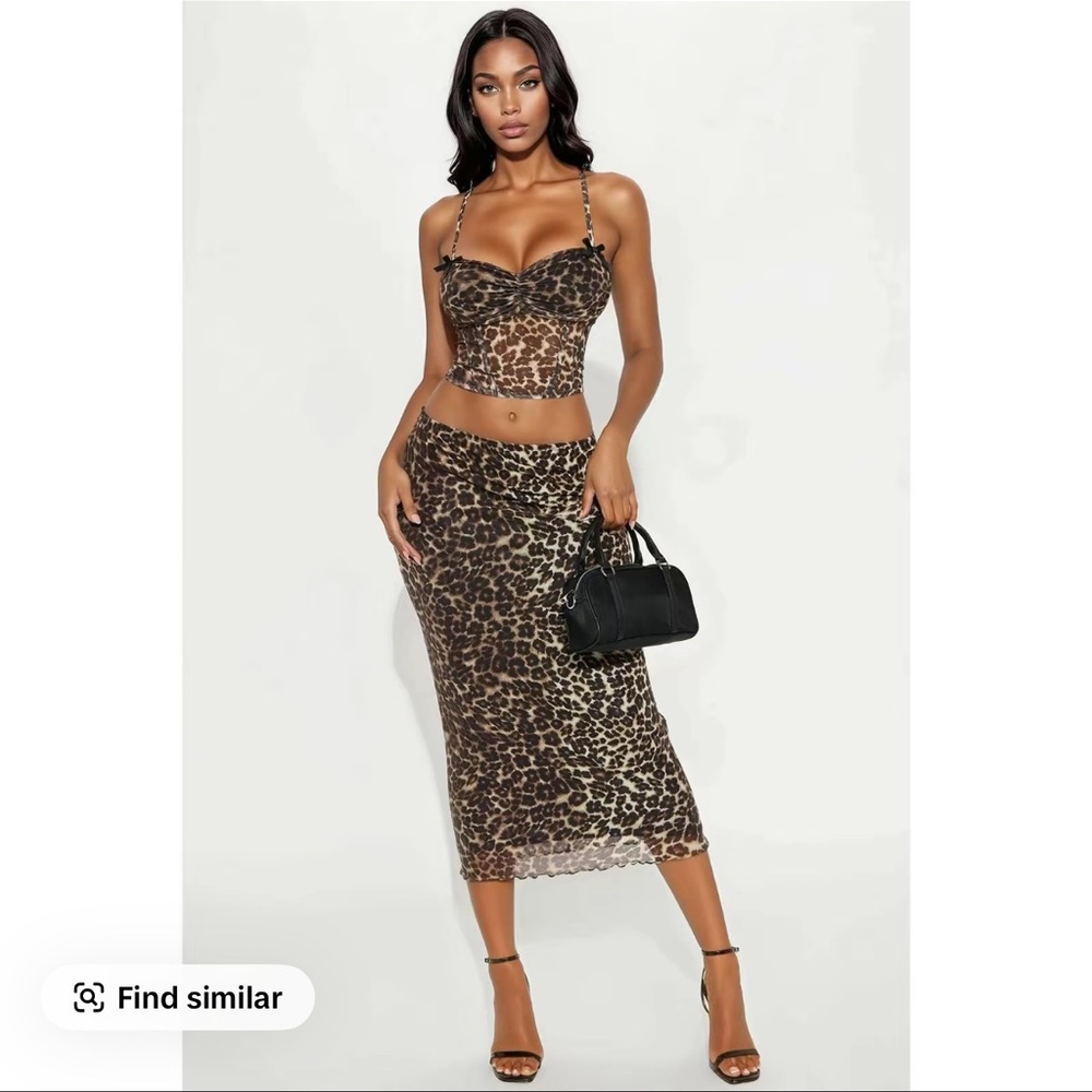 Leopard Print Midi 2 piece Shirt & Skirt